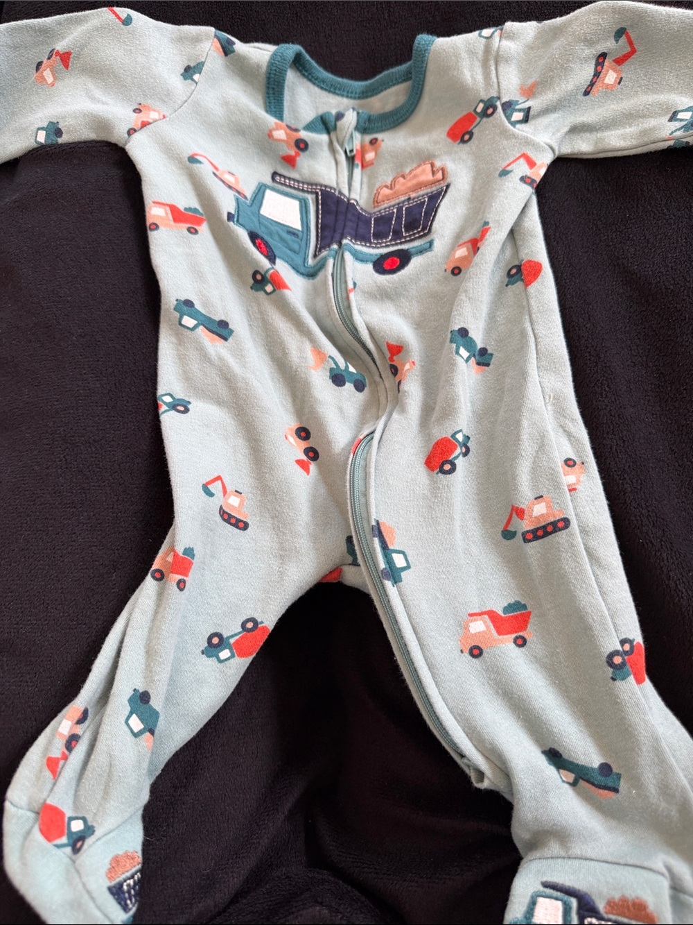 Cozy Light Green Construction-Print Footed One-Piece for Kids